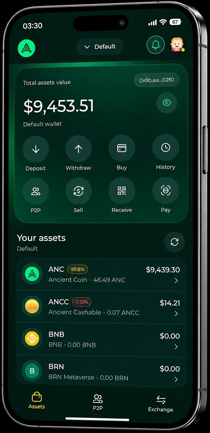 Ancient wallet assets screen: total assets value, deposit, withdraw, buy, history, P2P, sell, receive and pay actions, and an asset list led by ANC and ANCC