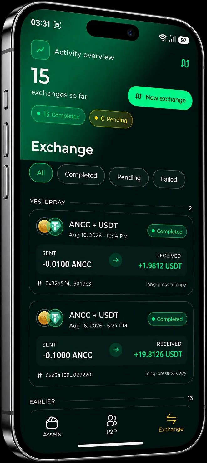 Ancient exchange screen: activity overview with completed and pending counts, and ANCC to USDT conversions showing sent and received amounts with transaction hashes